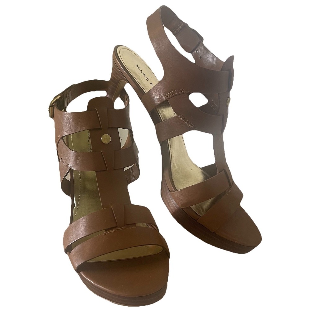 Marc Fisher Tan Leather Platform Sandals Sz 9 NWOB Stiletto Heel Strappy